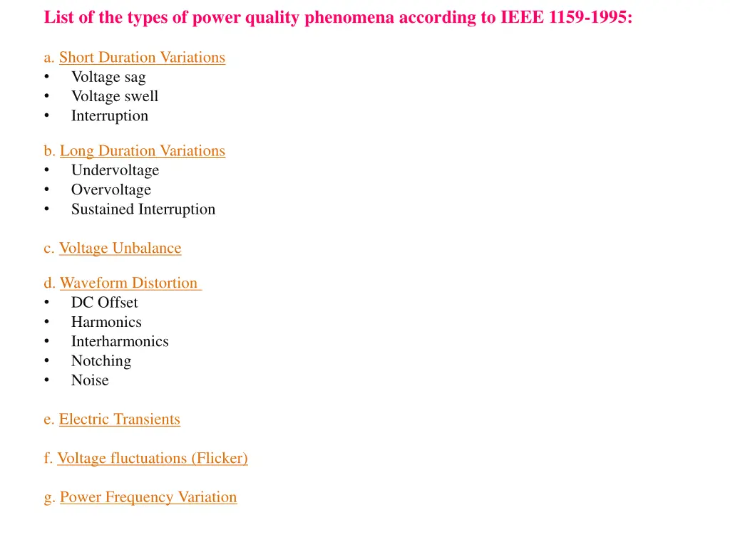 list of the types of power quality phenomena