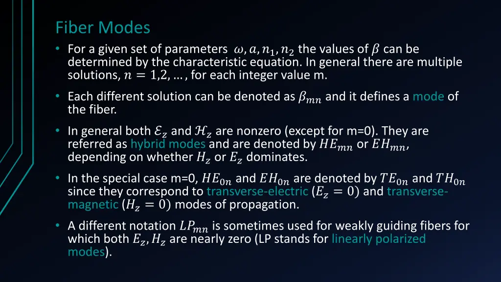 fiber modes for a given set of parameters