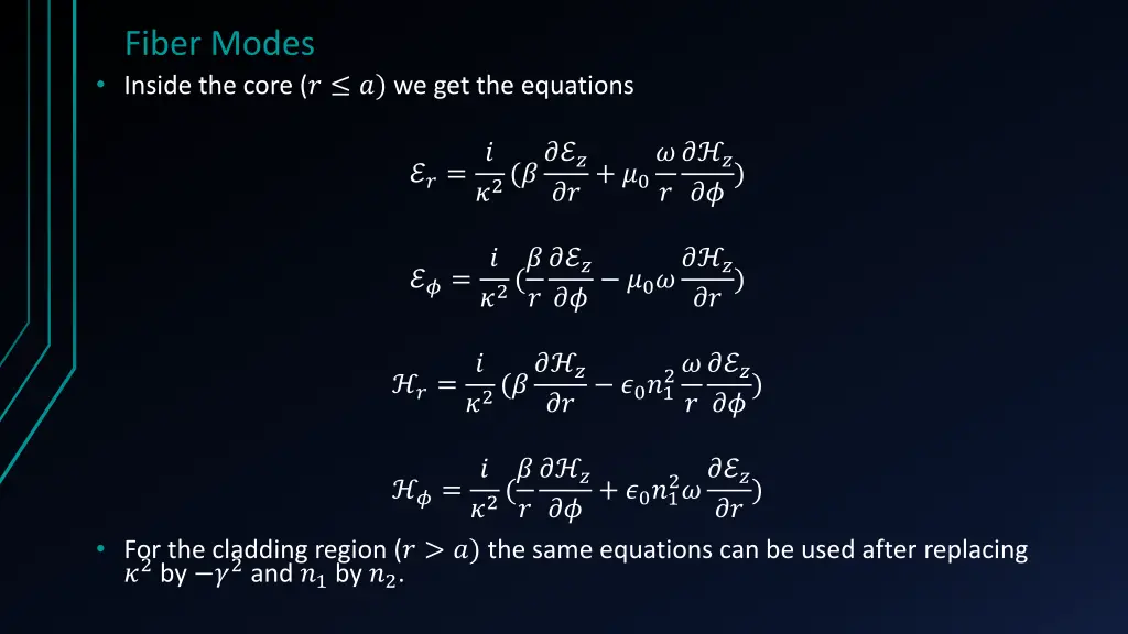 fiber modes inside the core we get the equations