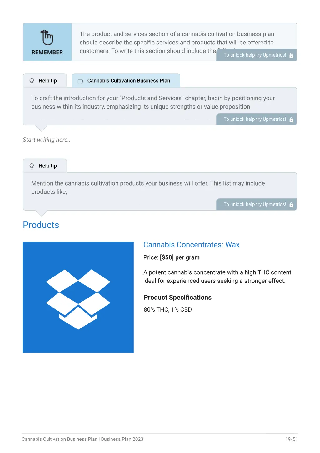 the product and services section of a cannabis