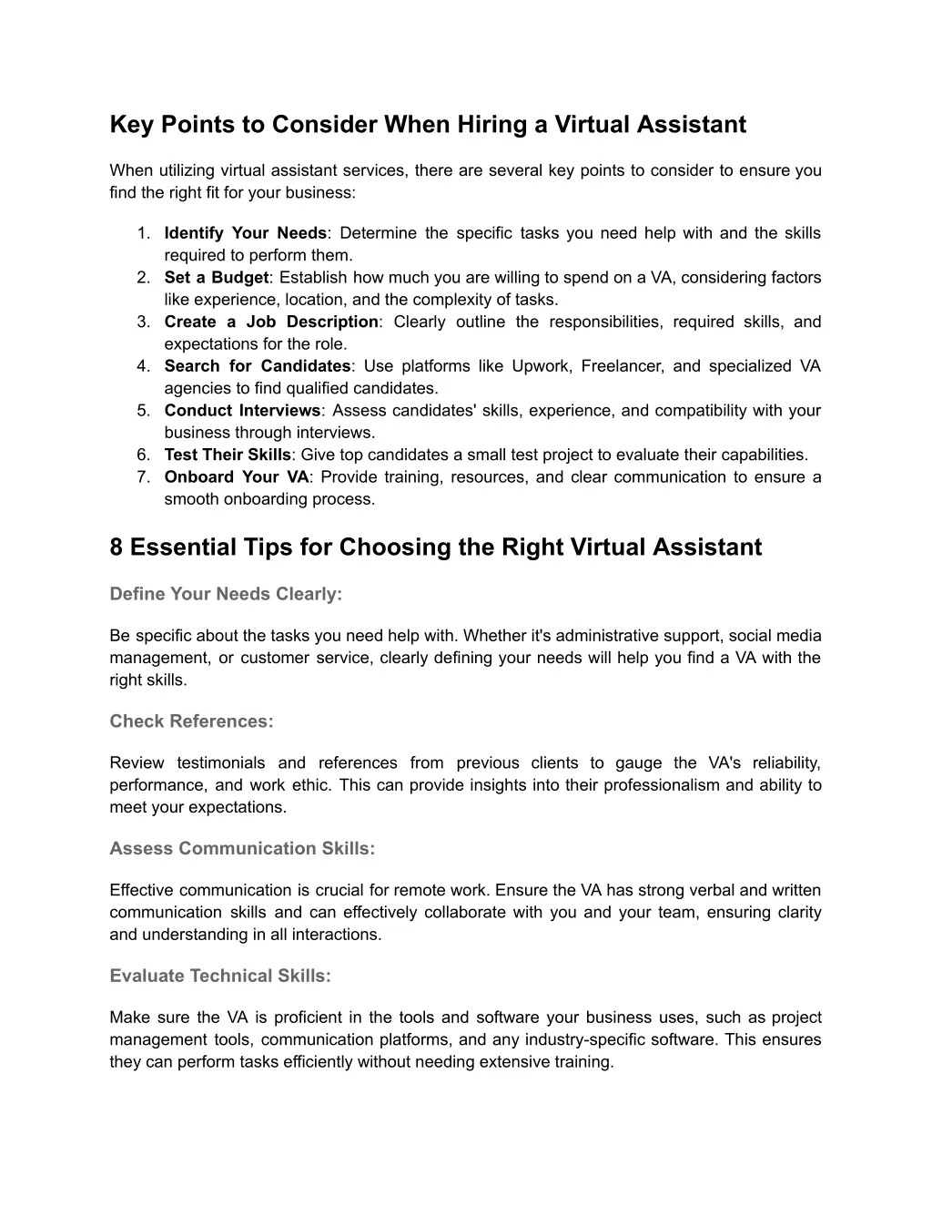 key points to consider when hiring a virtual