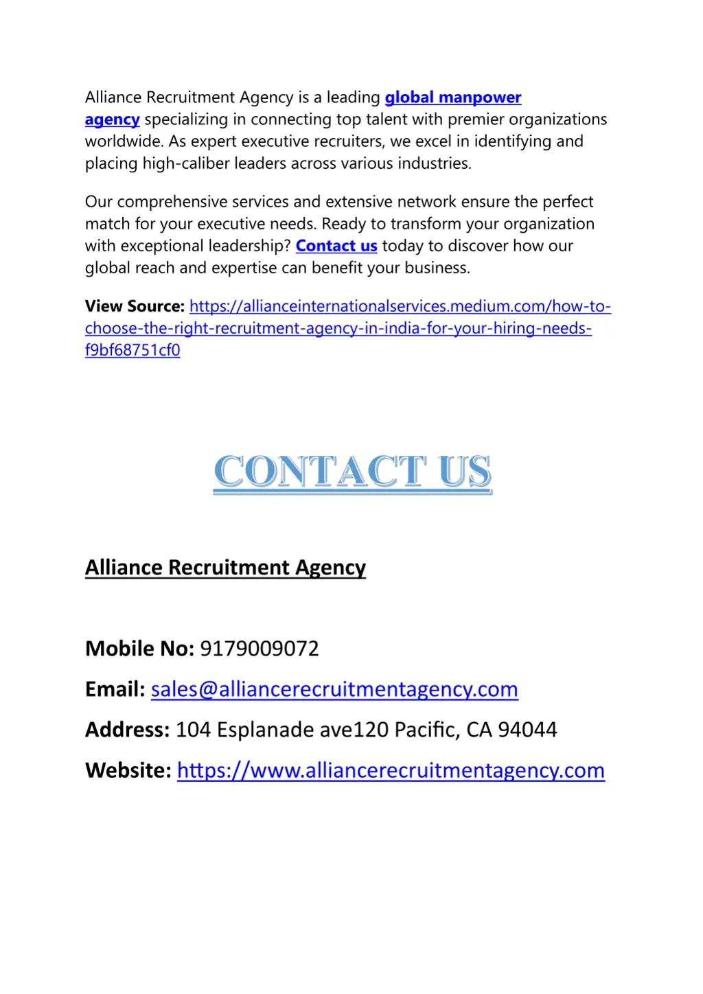 alliance recruitment agency is a leading global