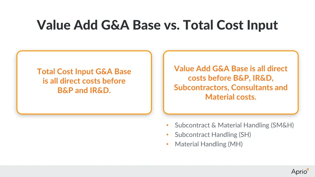 value add g a base vs total cost input