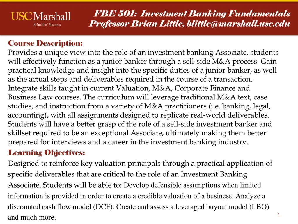 fbe 501 investment banking fundamentals professor