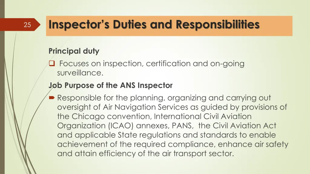 inspector s duties and responsibilities