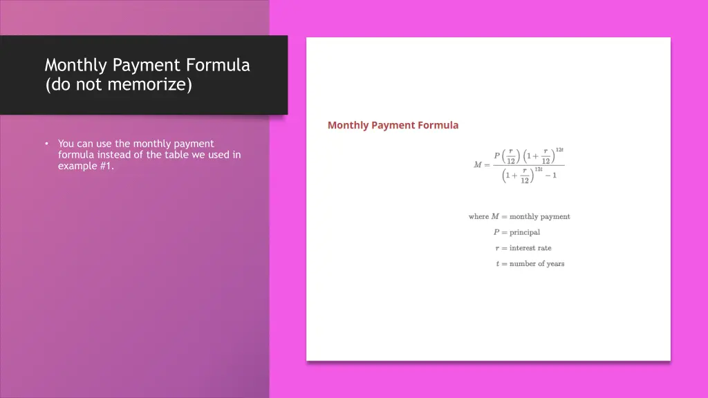 monthly payment formula do not memorize