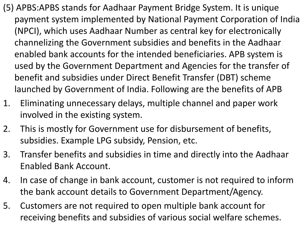 5 apbs apbs stands for aadhaar payment bridge