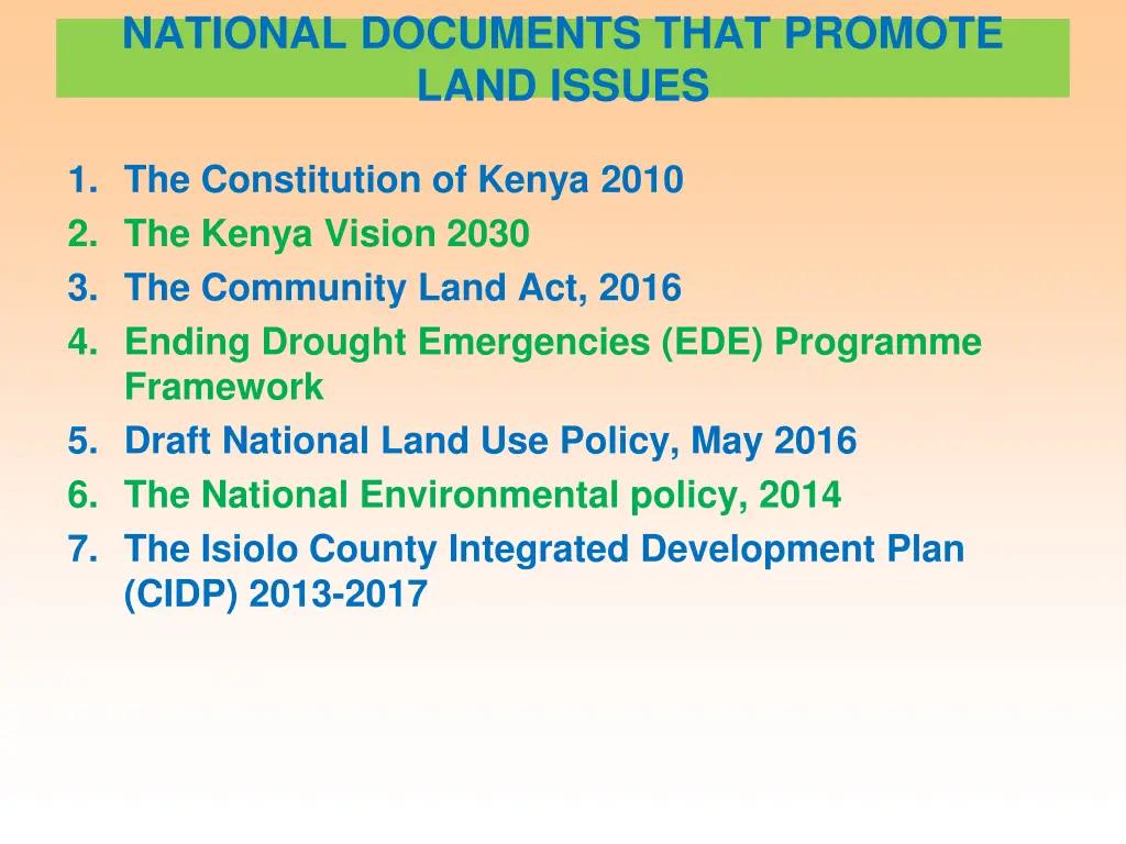 national documents that promote land issues