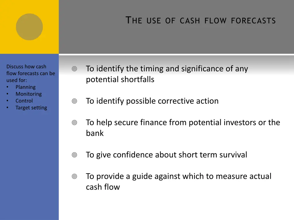 t he use of cash flow forecasts