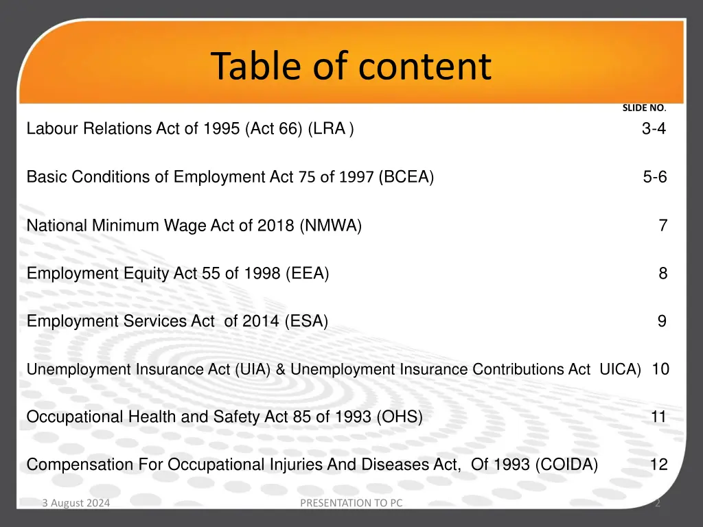 table of content