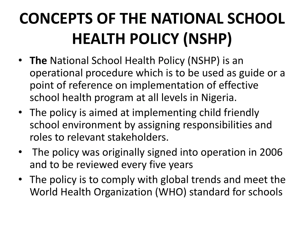 concepts of the national school health policy