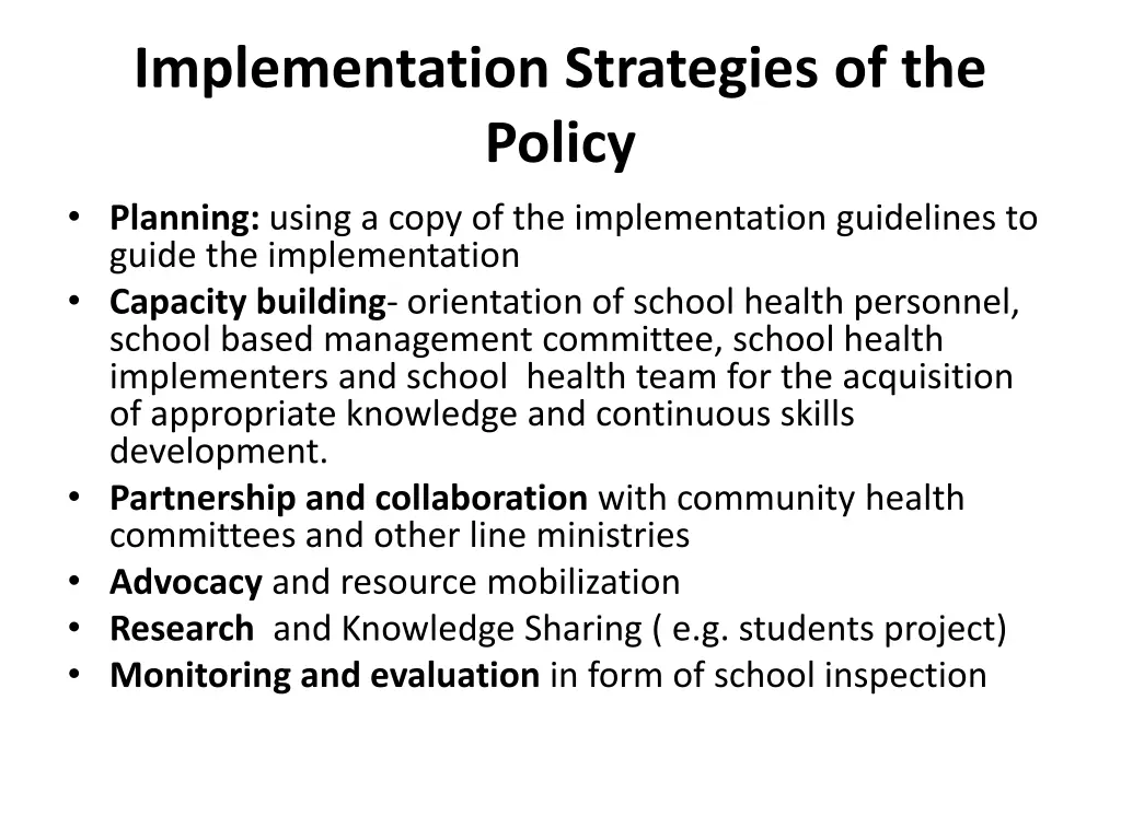 implementation strategies of the policy planning