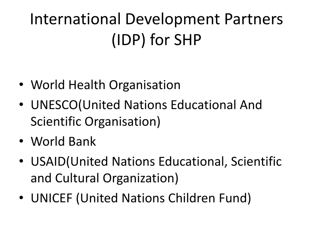 international development partners idp for shp