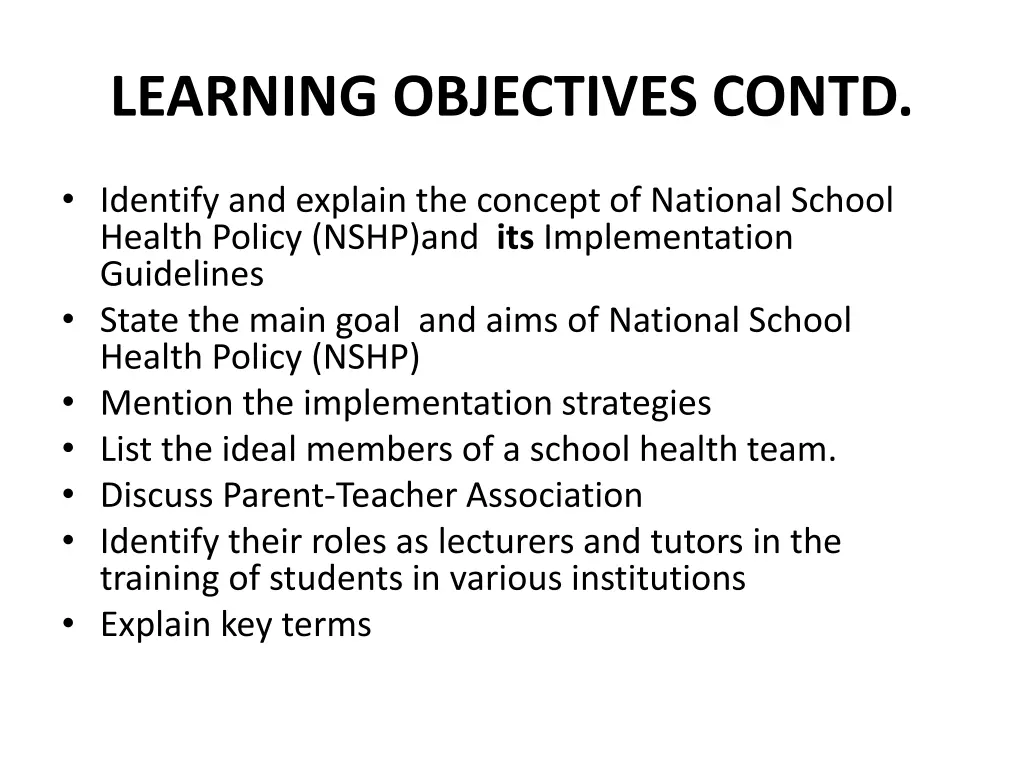 learning objectives contd