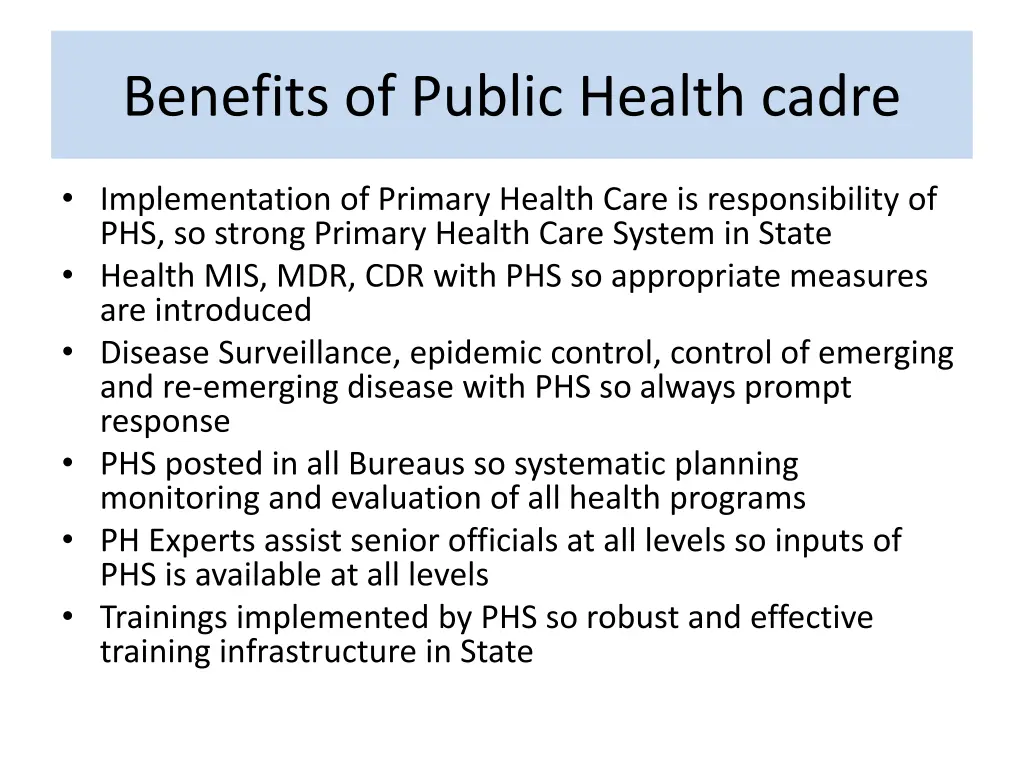 benefits of public health cadre