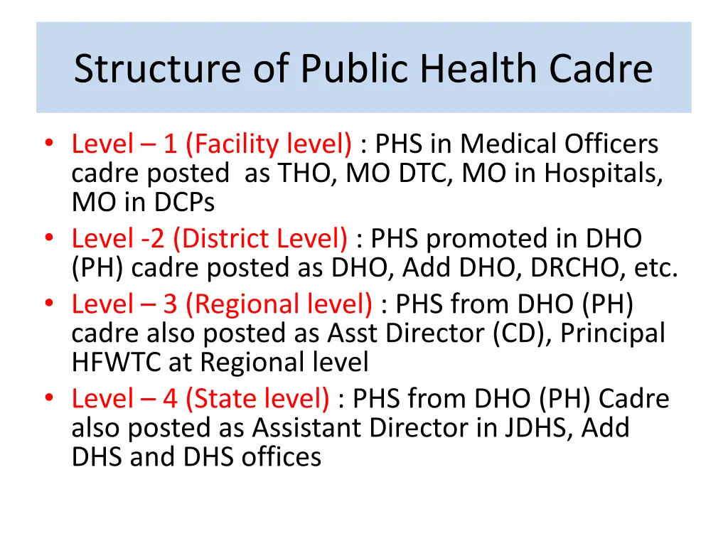 structure of public health cadre