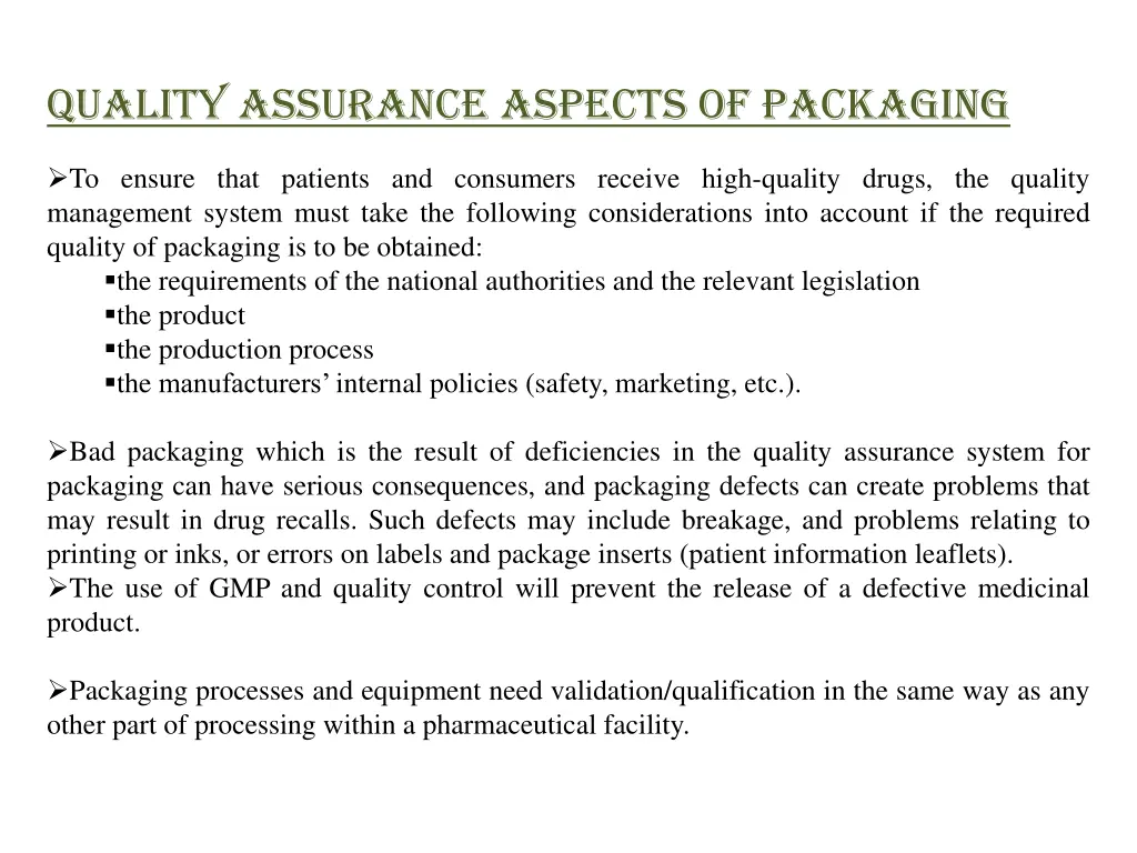 quality assurance aspects of packaging