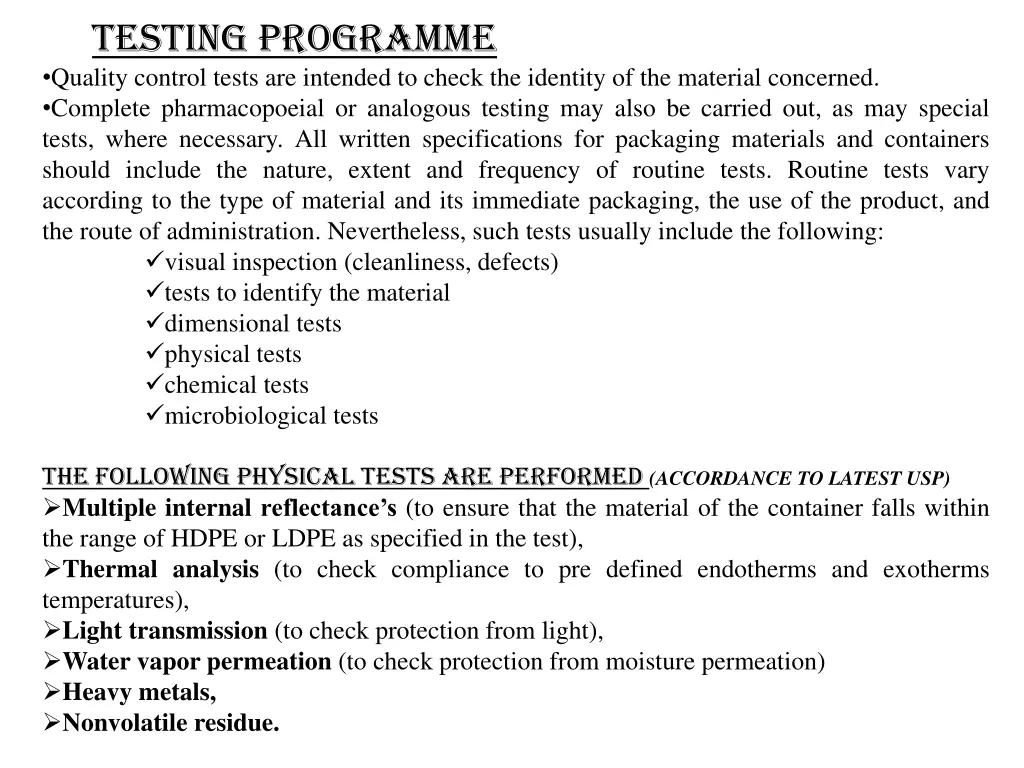 testing programme quality control tests