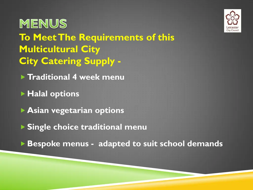 menus to meet the requirements of this