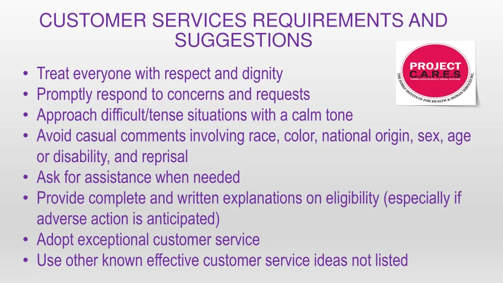 customer services requirements and suggestions