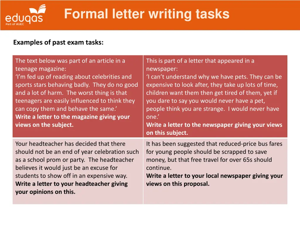 formal letter writing tasks