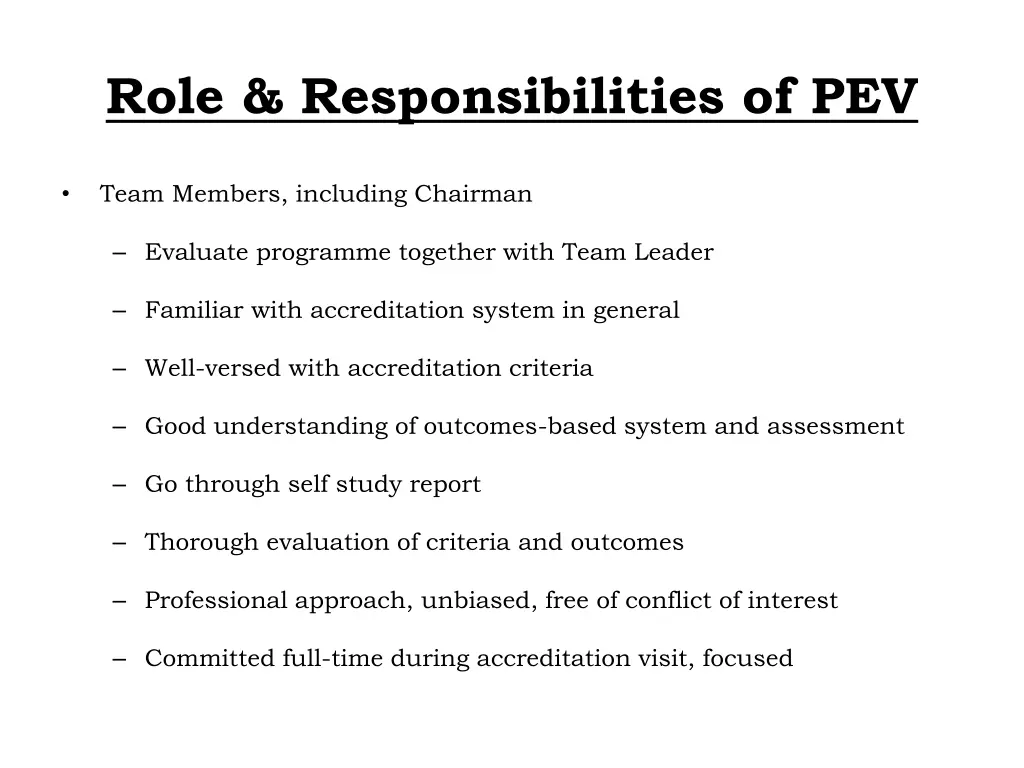 role responsibilities of pev