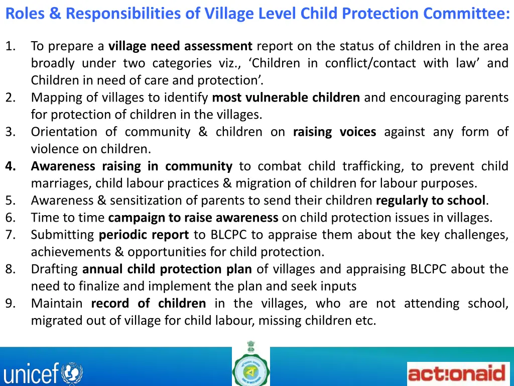 roles responsibilities of village level child