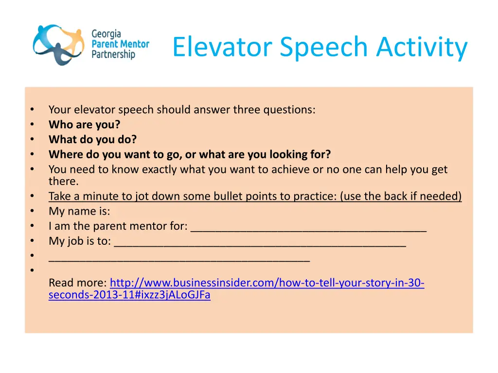 elevator speech activity