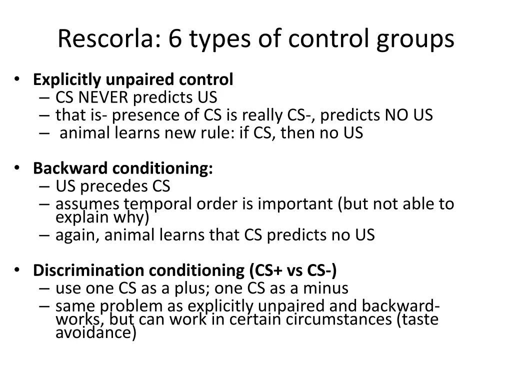 rescorla 6 types of control groups