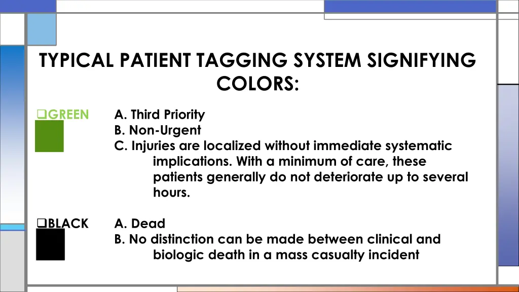 typical patient tagging system signifying colors 1