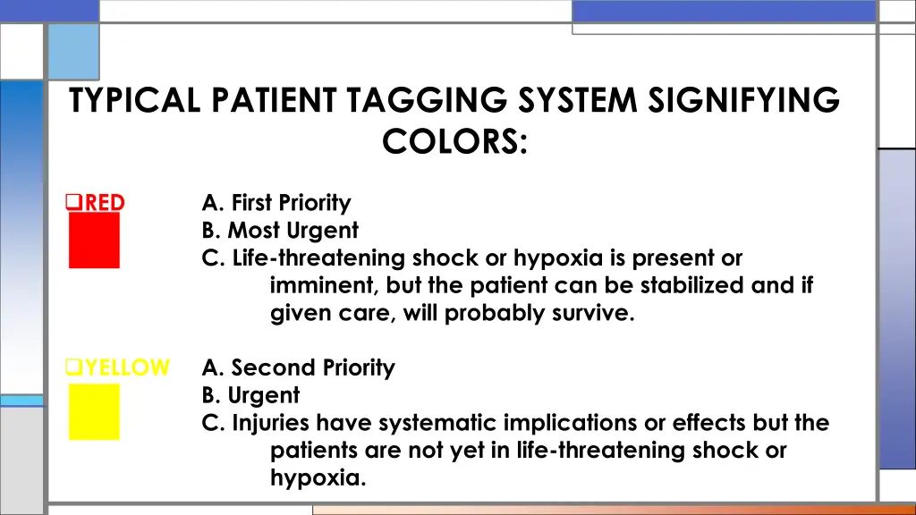 typical patient tagging system signifying colors