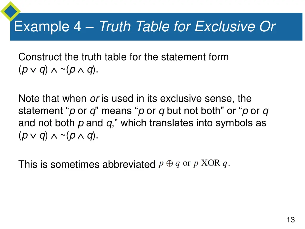 example 4 truth table for exclusive or