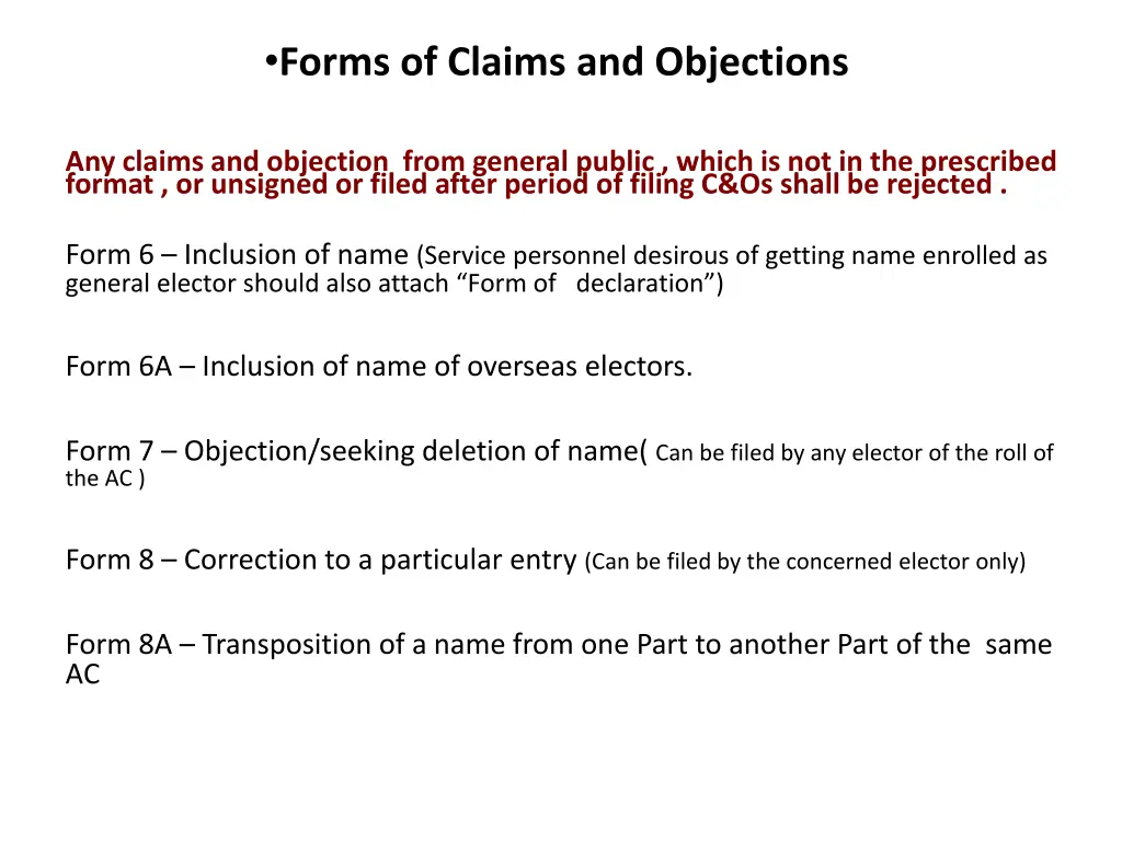 forms of claims and objections