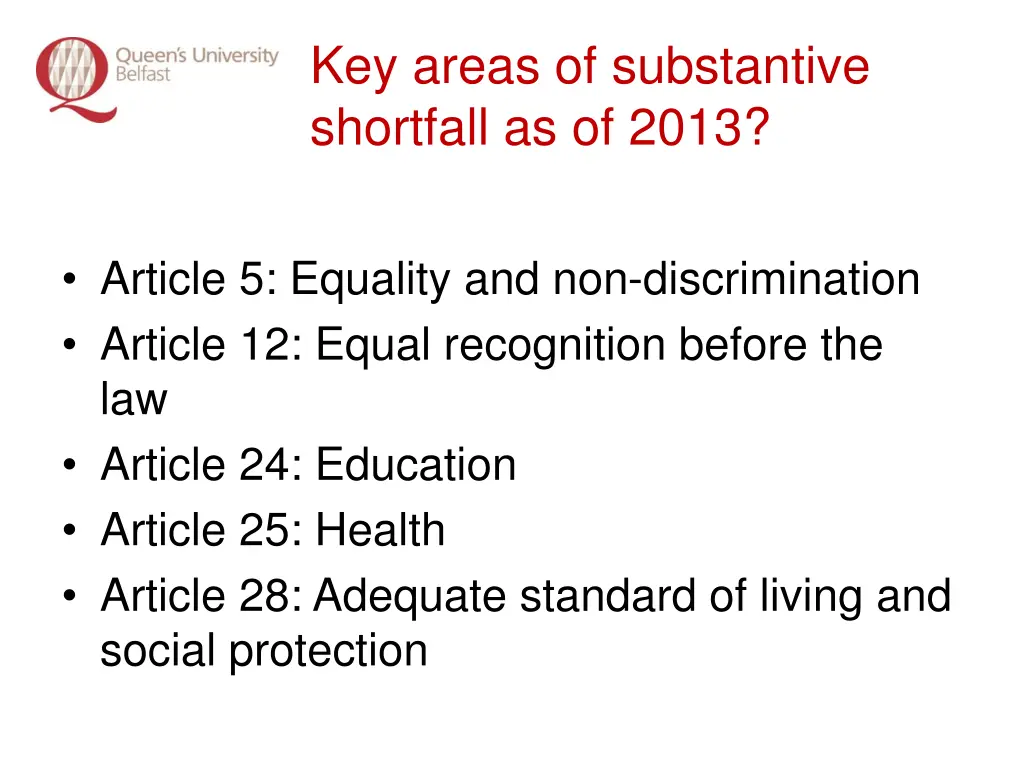 key areas of substantive shortfall as of 2013