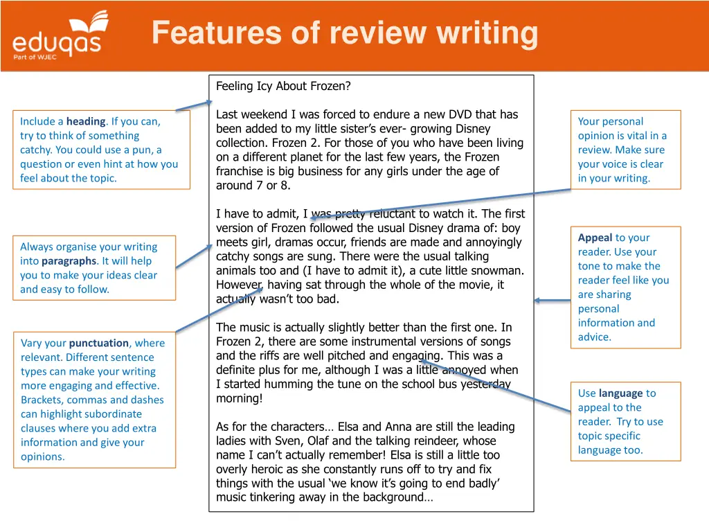 features of review writing