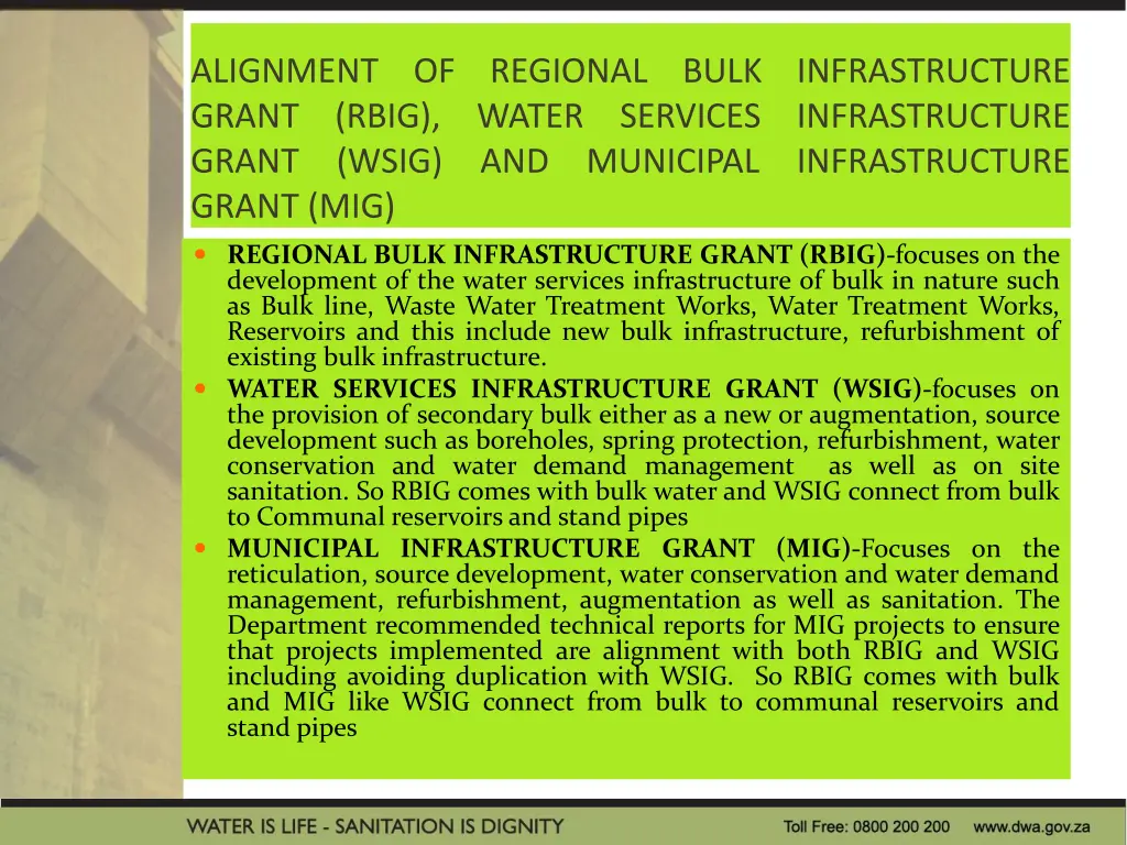 alignment of regional bulk infrastructure grant