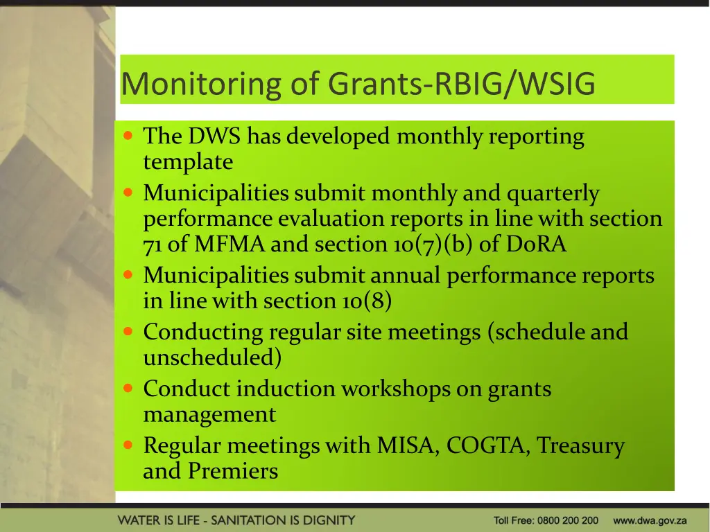 monitoring of grants rbig wsig