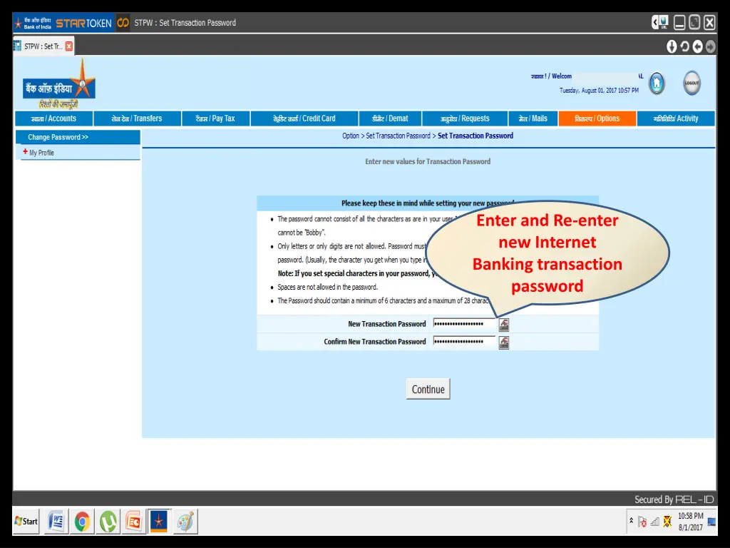 enter and re enter new internet banking