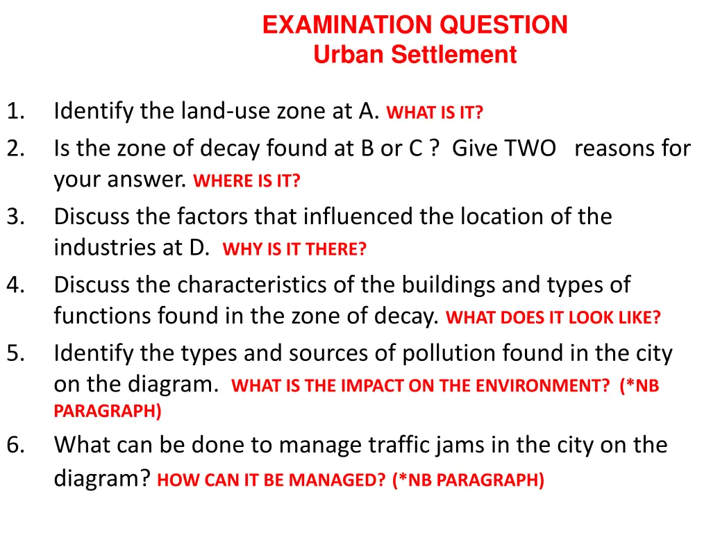 examination question urban settlement