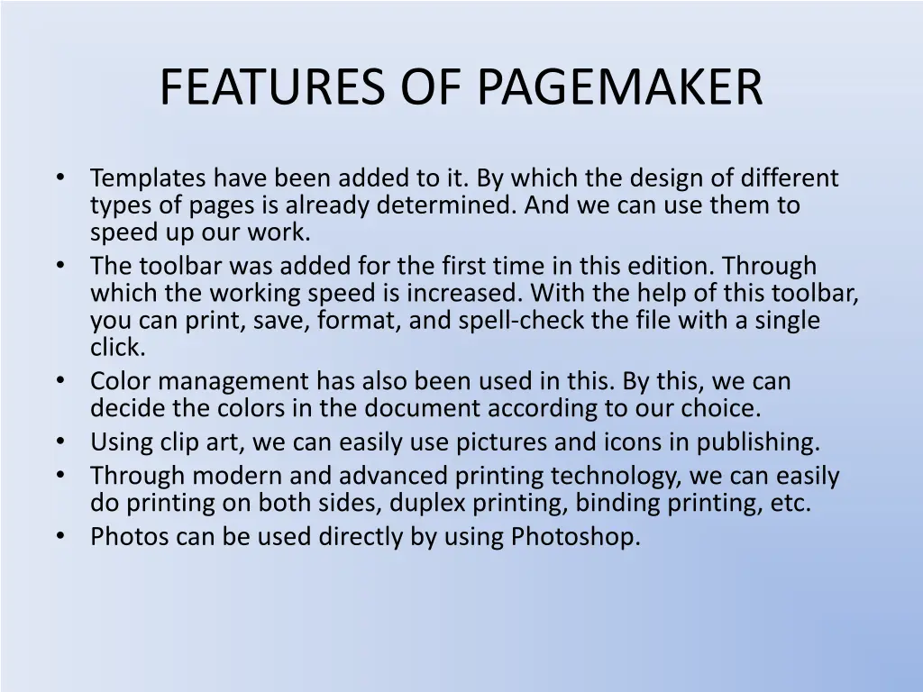 features of pagemaker