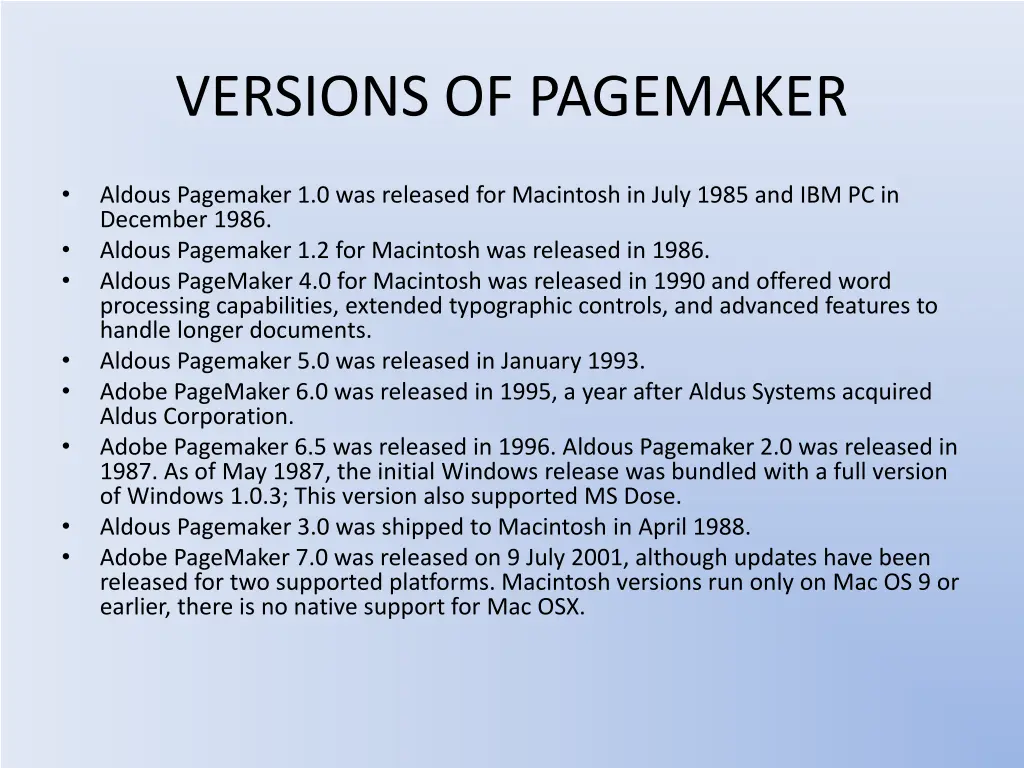 versions of pagemaker