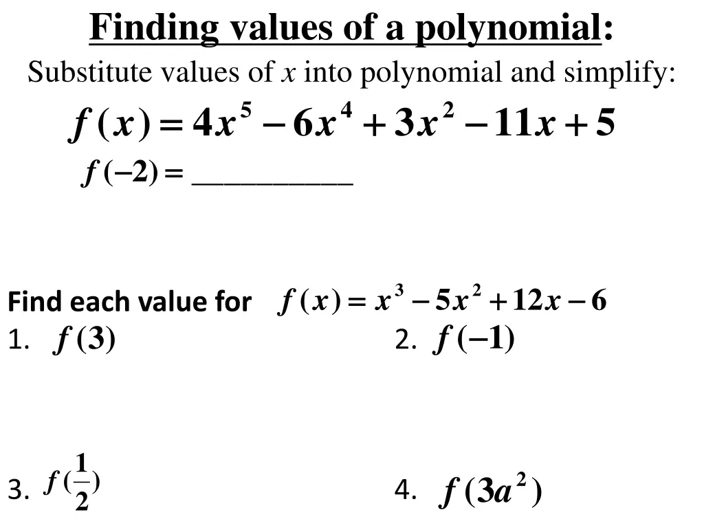 finding values of a polynomial substitute values