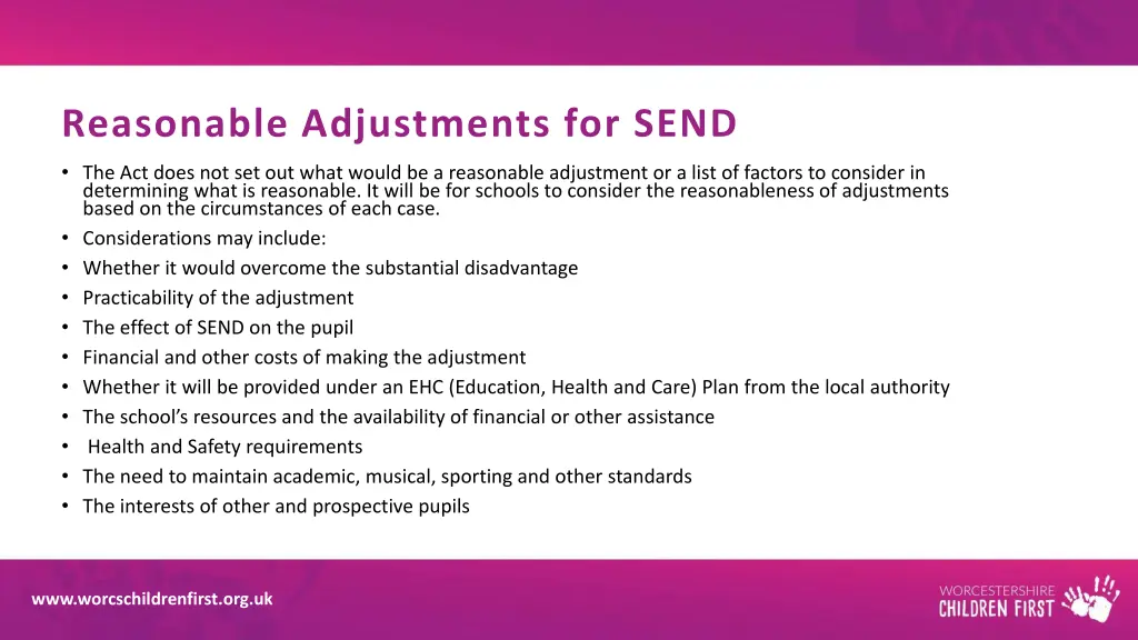 reasonable adjustments for send 1