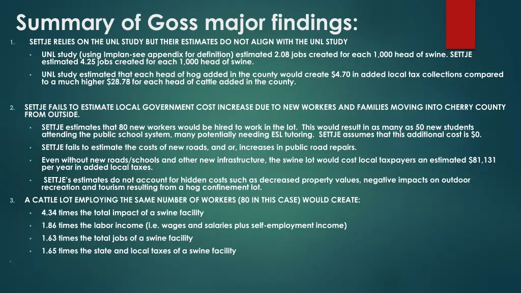 summary of goss major findings settje relies