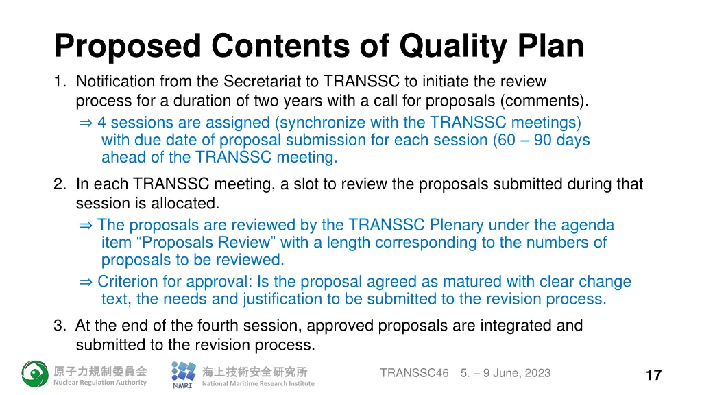 proposed contents of quality plan 1 notification