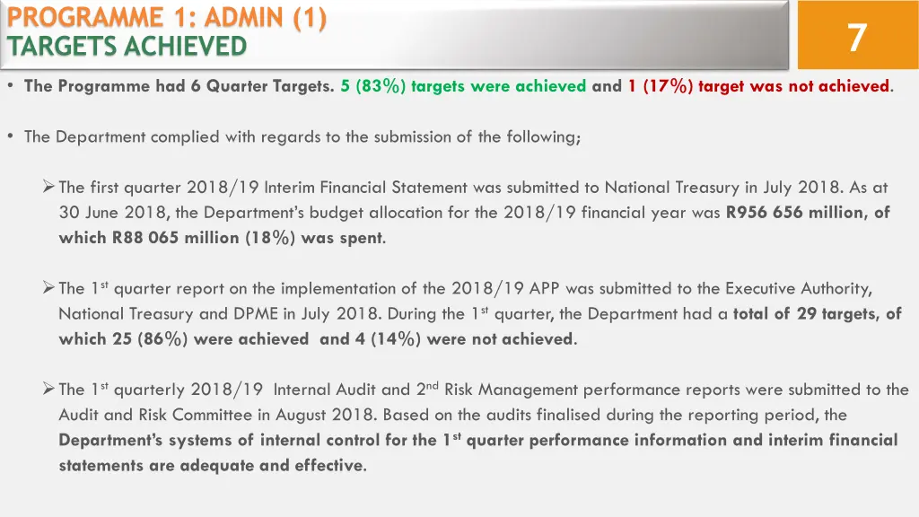 programme 1 admin 1 targets achieved