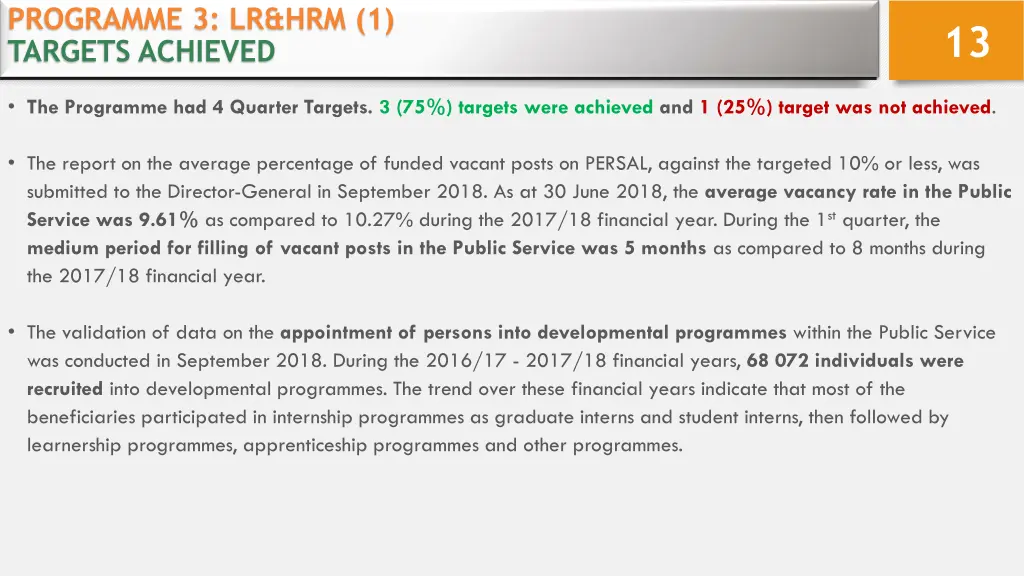 programme 3 lr hrm 1 targets achieved