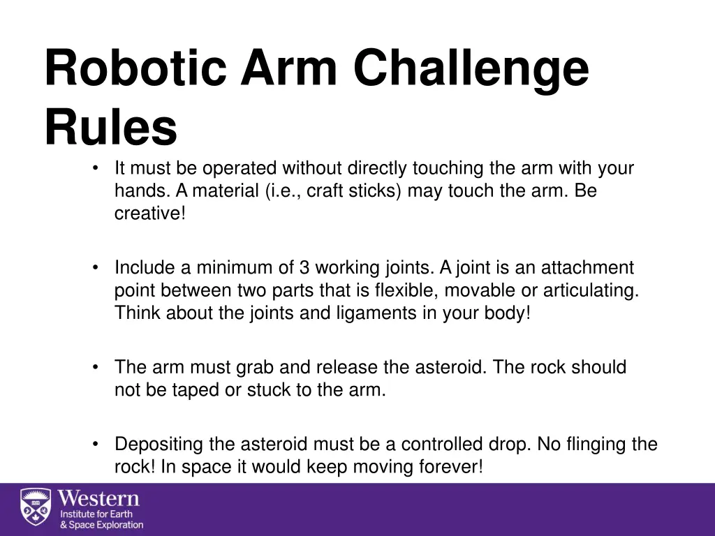 robotic arm challenge rules it must be operated