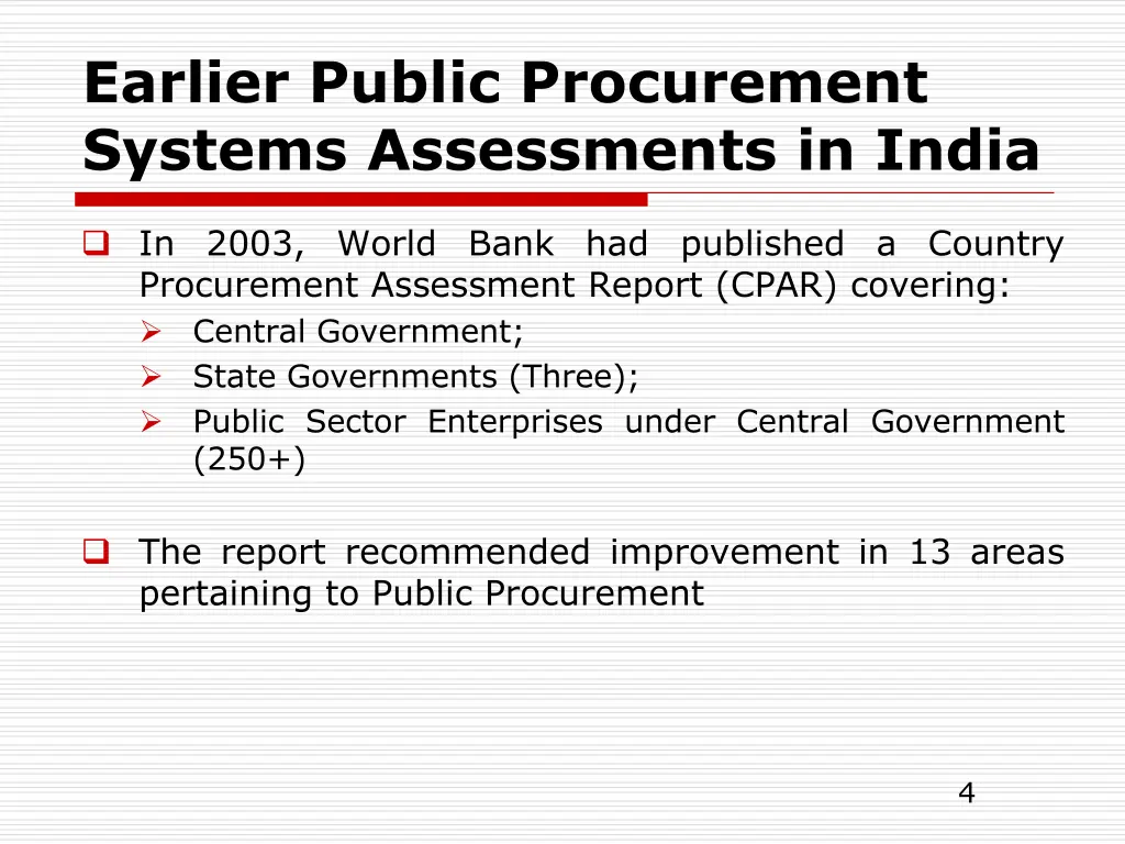 earlier public procurement systems assessments