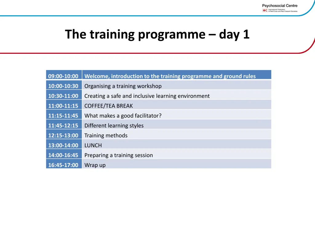 the training programme day 1